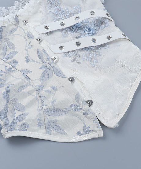 Gothic Romance Blue Floral Brocade Corset Top - Off-Shoulder Holiday Party Chic