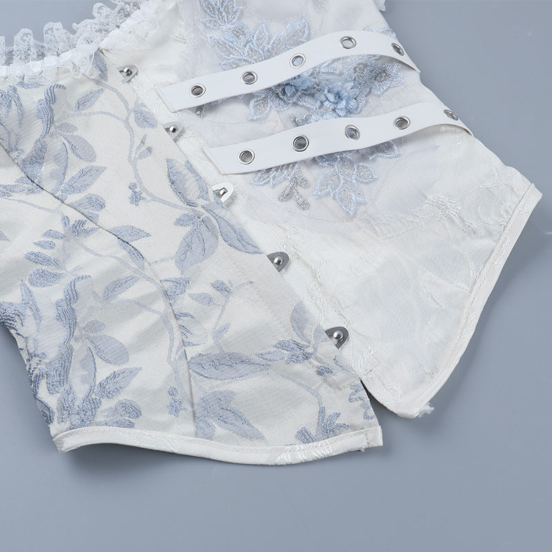Gothic Romance Blue Floral Brocade Corset Top - Off-Shoulder Holiday Party Chic