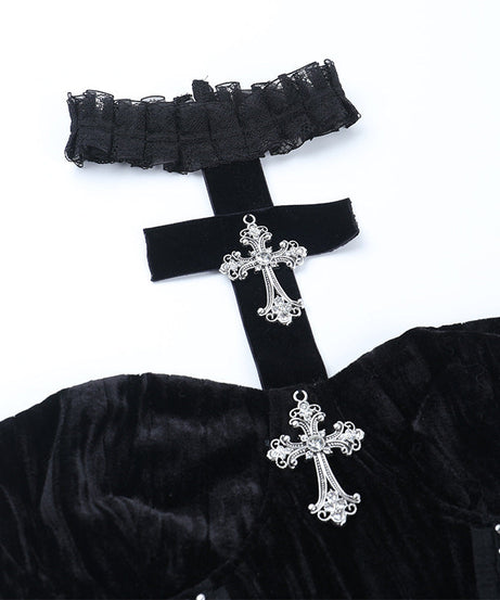 Dark Romance: Gothic Velvet Strapless Corset Top with Ornate Cross Choker – Fall & Halloween Statement Piece