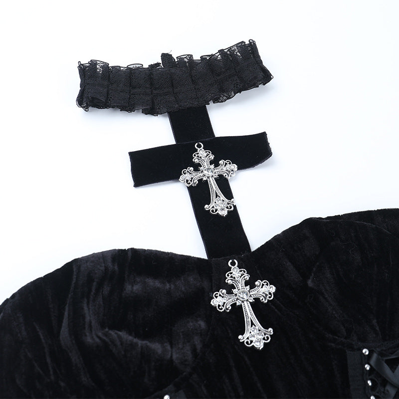 Dark Romance: Gothic Velvet Strapless Corset Top with Ornate Cross Choker – Fall & Halloween Statement Piece