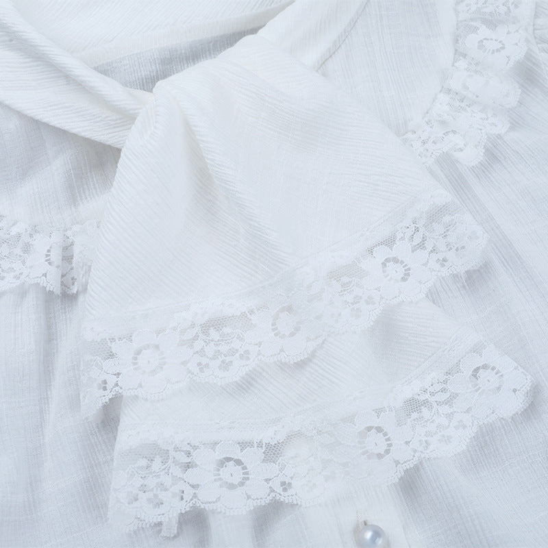 Ethereal White Lace Puff Sleeve Blouse - Victorian Tie-Neck Ruffle Top for Fall & Halloween