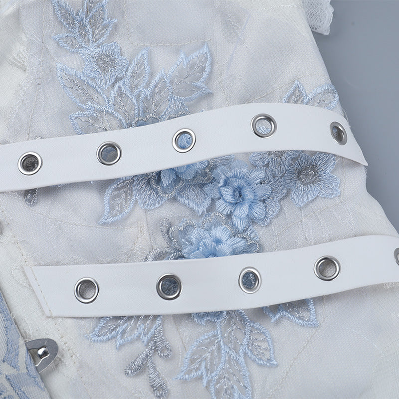 Gothic Romance Blue Floral Brocade Corset Top - Off-Shoulder Holiday Party Chic