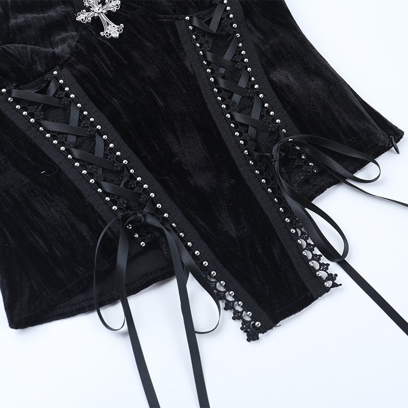 Dark Romance: Gothic Velvet Strapless Corset Top with Ornate Cross Choker – Fall & Halloween Statement Piece