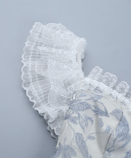 Gothic Romance Blue Floral Brocade Corset Top - Off-Shoulder Holiday Party Chic