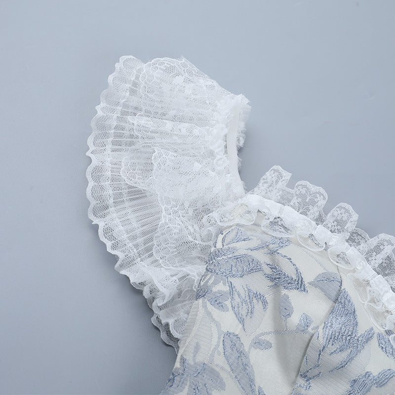 Gothic Romance Blue Floral Brocade Corset Top - Off-Shoulder Holiday Party Chic