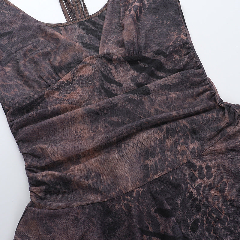 Sultry Siren Blue Mesh Mini Dress - Abstract Animal Print V-Neck for Fall Nights Out