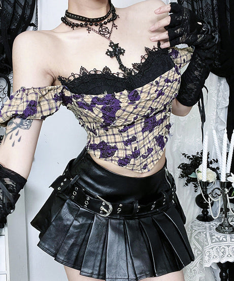 Gothic Grunge Plaid Off-Shoulder Corset Top with Lace & Distressed Details - Fall & Halloween Ready