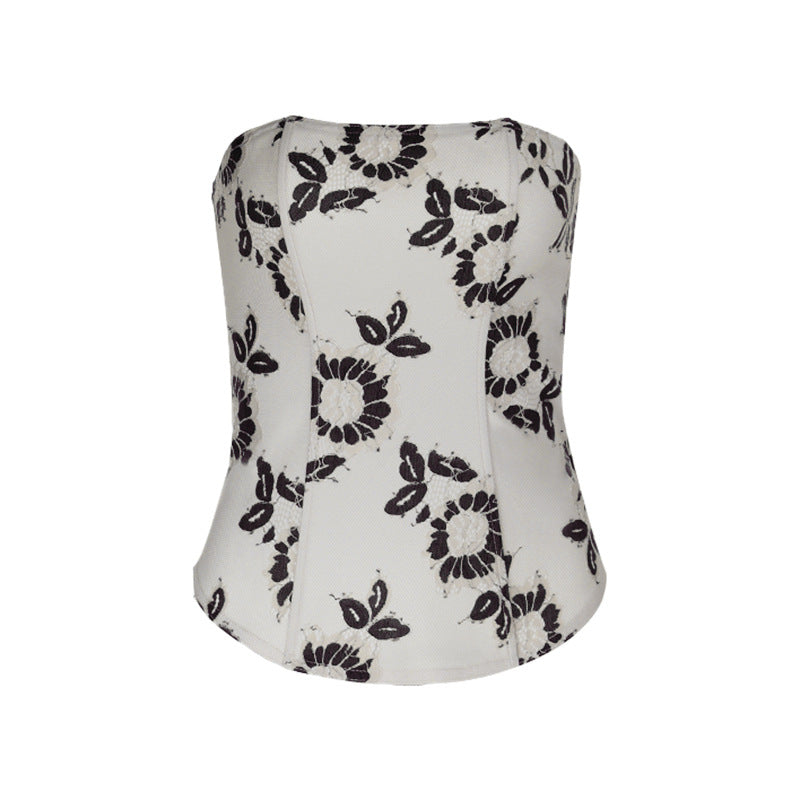 Chic Black & White Floral Bustier Top - Fall & Holiday Ready for Women