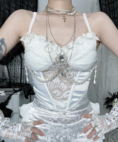 Enchanted Pearl Lace Bustier Top - Gothic Romance Ruffle Cami for Fall & Holiday Parties