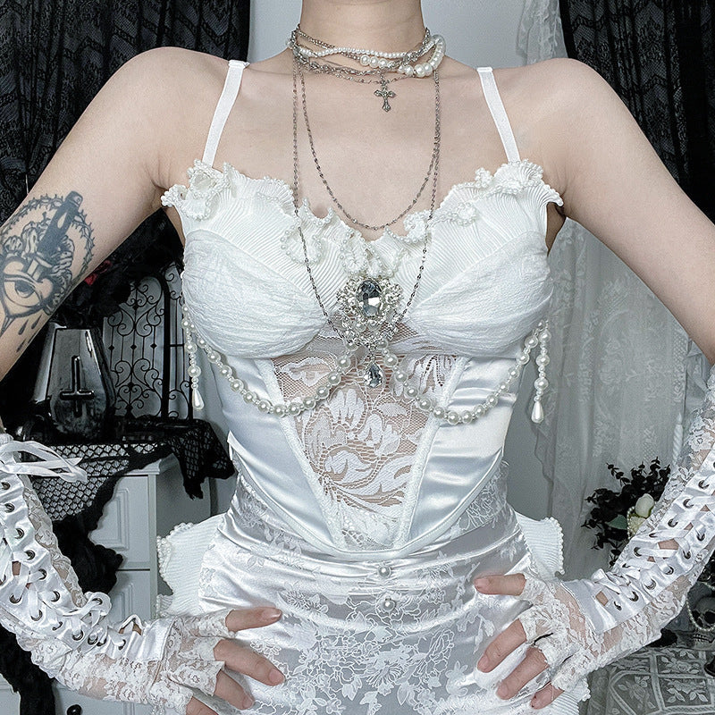 Enchanted Pearl Lace Bustier Top - Gothic Romance Ruffle Cami for Fall & Holiday Parties