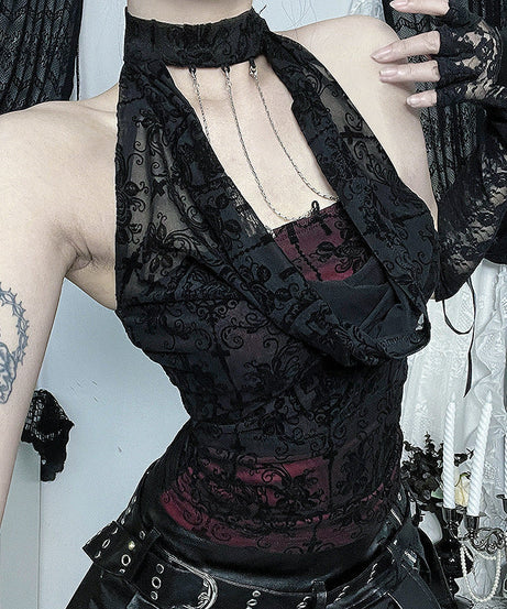 Vampy Chic Gothic Velvet Burnout Halter Top with Chains | Dark Romance Fall & Halloween Ready