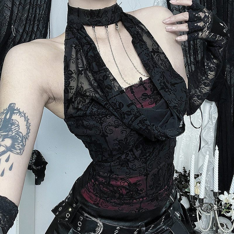 Vampy Chic Gothic Velvet Burnout Halter Top with Chains | Dark Romance Fall & Halloween Ready