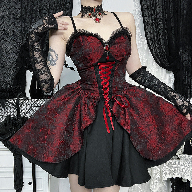 Gothic Rose Brocade Corset Mini Dress - Vampy Red & Black for Halloween & Fall Parties