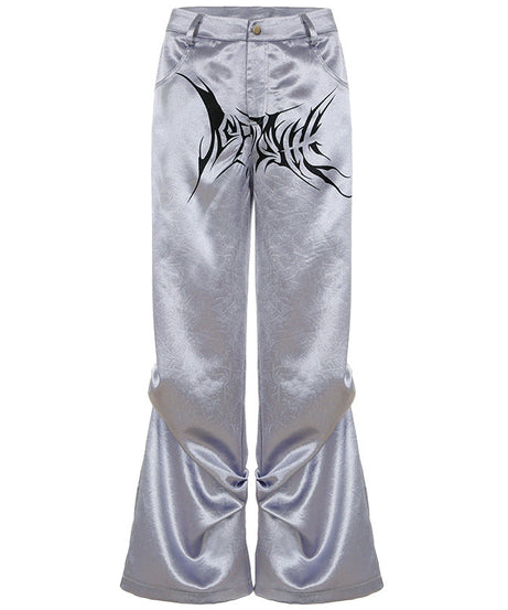 Y2K Cybercore Low-Rise Metallic Flare Pants - Edgy Graphic Print & Ruched Detail | Fall Party & Halloween Ready