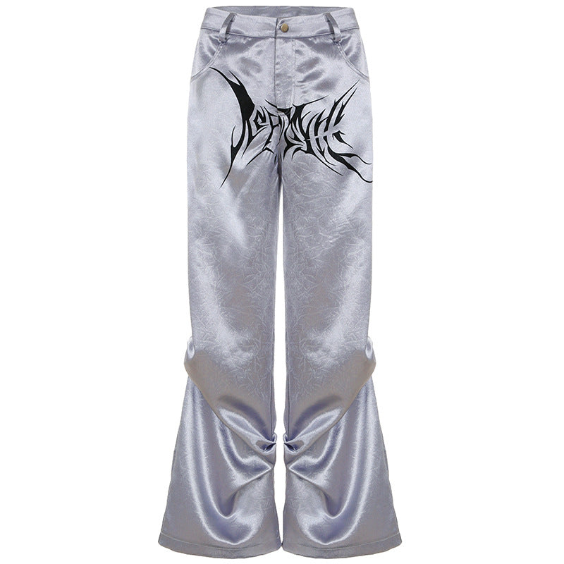 Y2K Cybercore Low-Rise Metallic Flare Pants - Edgy Graphic Print & Ruched Detail | Fall Party & Halloween Ready