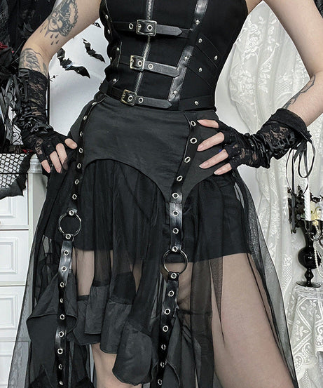Spooky Chic: O-Ring Mesh Irregular Skirt - Gothic Punk Halloween Statement