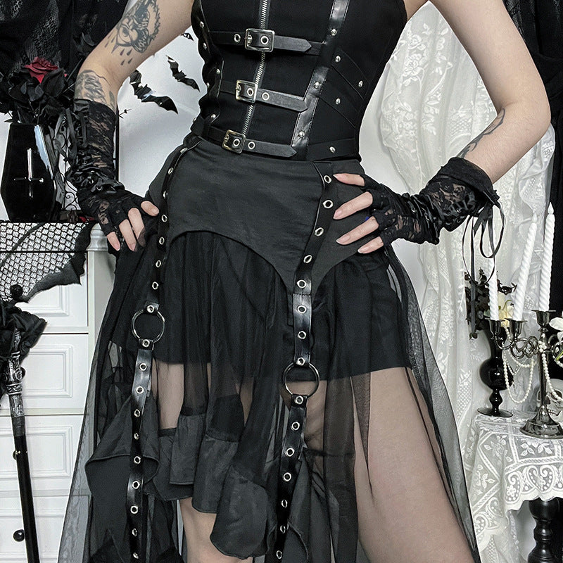 Spooky Chic: O-Ring Mesh Irregular Skirt - Gothic Punk Halloween Statement