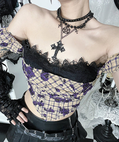 Gothic Grunge Plaid Off-Shoulder Corset Top with Lace & Distressed Details - Fall & Halloween Ready