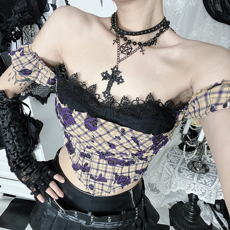 Gothic Grunge Plaid Off-Shoulder Corset Top with Lace & Distressed Details - Fall & Halloween Ready
