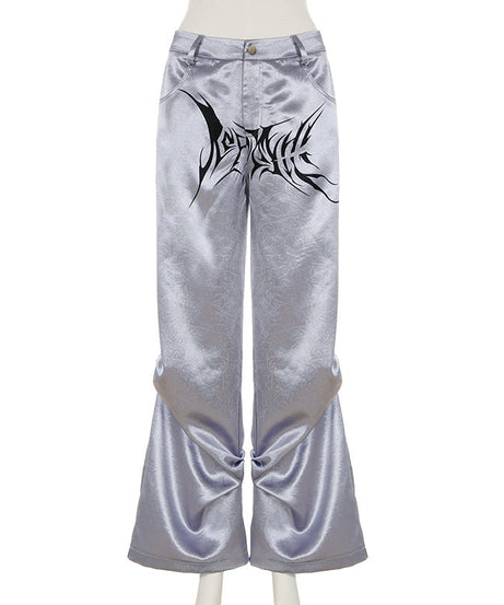Y2K Cybercore Low-Rise Metallic Flare Pants - Edgy Graphic Print & Ruched Detail | Fall Party & Halloween Ready