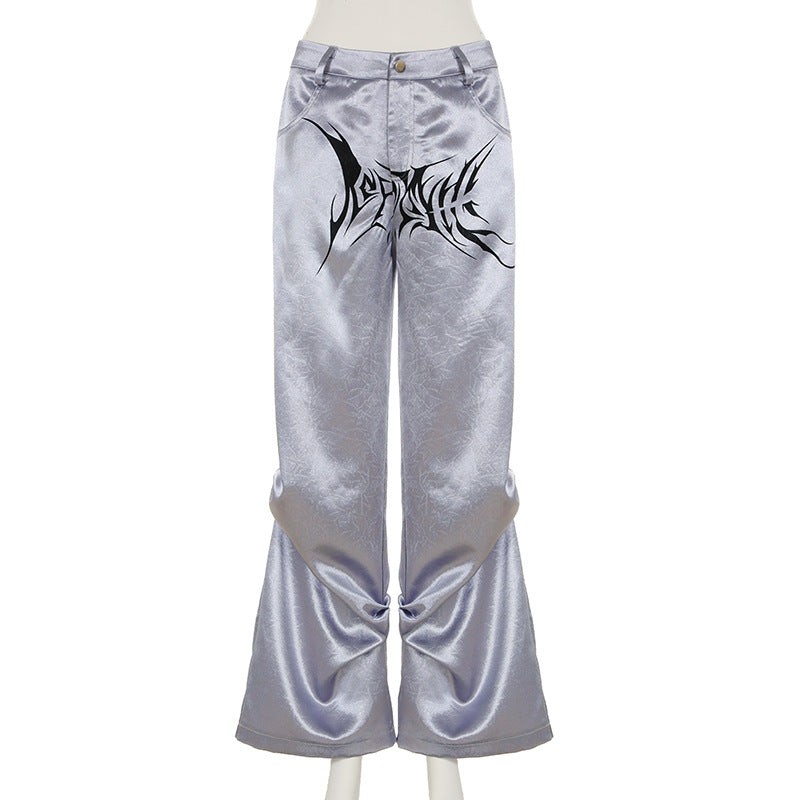 Y2K Cybercore Low-Rise Metallic Flare Pants - Edgy Graphic Print & Ruched Detail | Fall Party & Halloween Ready