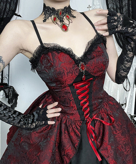Gothic Rose Brocade Corset Mini Dress - Vampy Red & Black for Halloween & Fall Parties