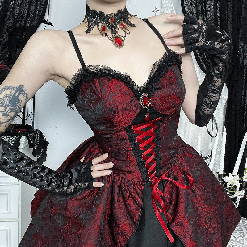 Gothic Rose Brocade Corset Mini Dress - Vampy Red & Black for Halloween & Fall Parties