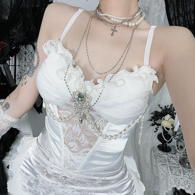 Enchanted Pearl Lace Bustier Top - Gothic Romance Ruffle Cami for Fall & Holiday Parties