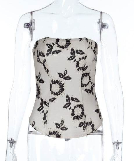 Chic Black & White Floral Bustier Top - Fall & Holiday Ready for Women