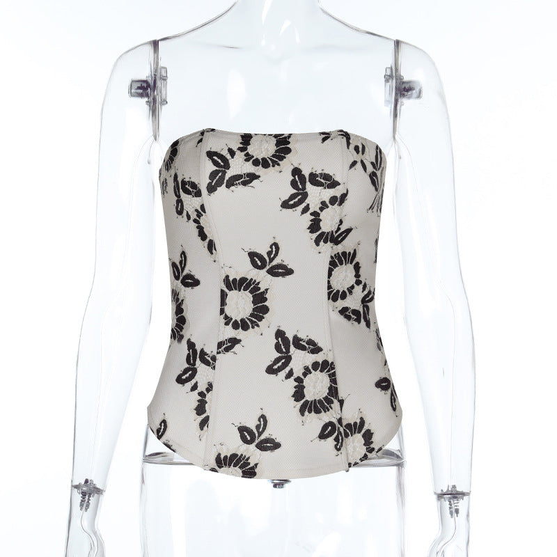 Chic Black & White Floral Bustier Top - Fall & Holiday Ready for Women