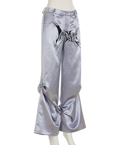 Y2K Cybercore Low-Rise Metallic Flare Pants - Edgy Graphic Print & Ruched Detail | Fall Party & Halloween Ready