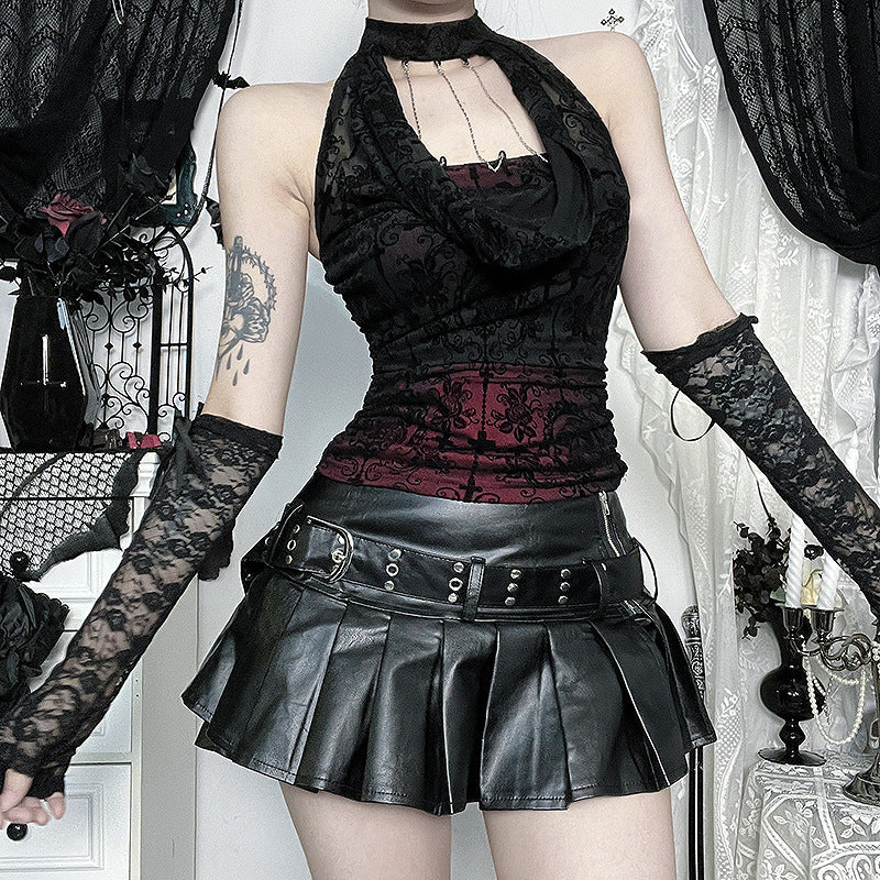 Vampy Chic Gothic Velvet Burnout Halter Top with Chains | Dark Romance Fall & Halloween Ready