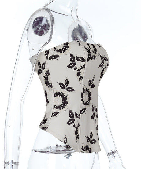 Chic Black & White Floral Bustier Top - Fall & Holiday Ready for Women