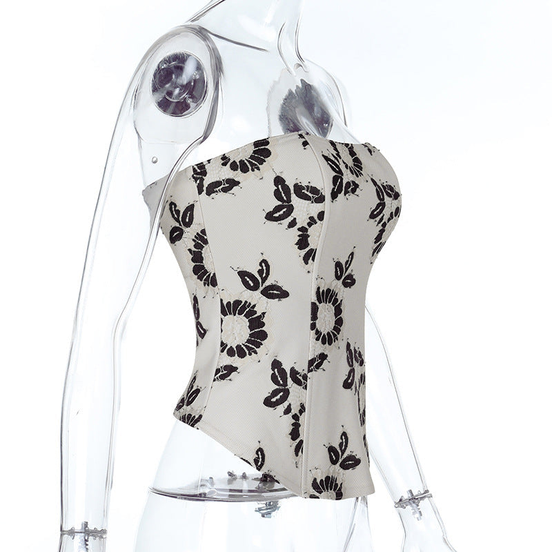 Chic Black & White Floral Bustier Top - Fall & Holiday Ready for Women