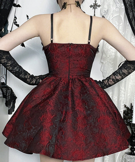 Gothic Rose Brocade Corset Mini Dress - Vampy Red & Black for Halloween & Fall Parties