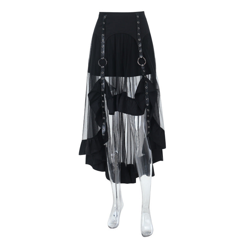 Spooky Chic: O-Ring Mesh Irregular Skirt - Gothic Punk Halloween Statement