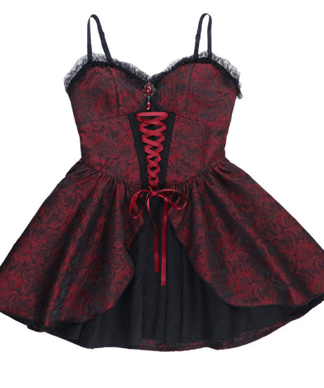 Gothic Rose Brocade Corset Mini Dress - Vampy Red & Black for Halloween & Fall Parties