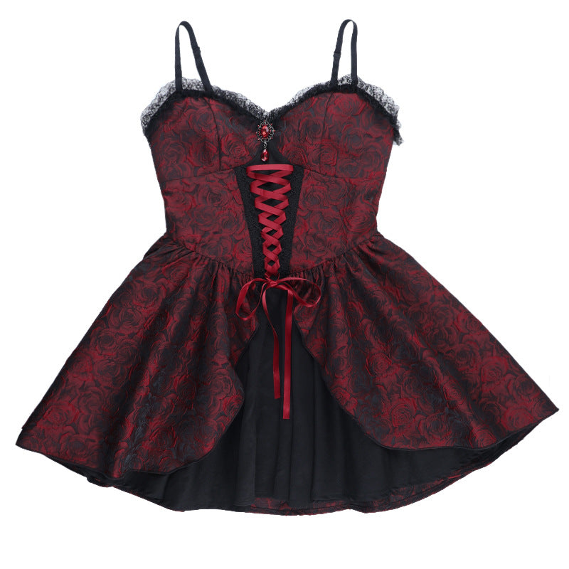 Gothic Rose Brocade Corset Mini Dress - Vampy Red & Black for Halloween & Fall Parties