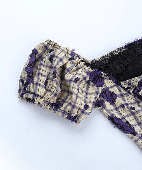 Gothic Grunge Plaid Off-Shoulder Corset Top with Lace & Distressed Details - Fall & Halloween Ready