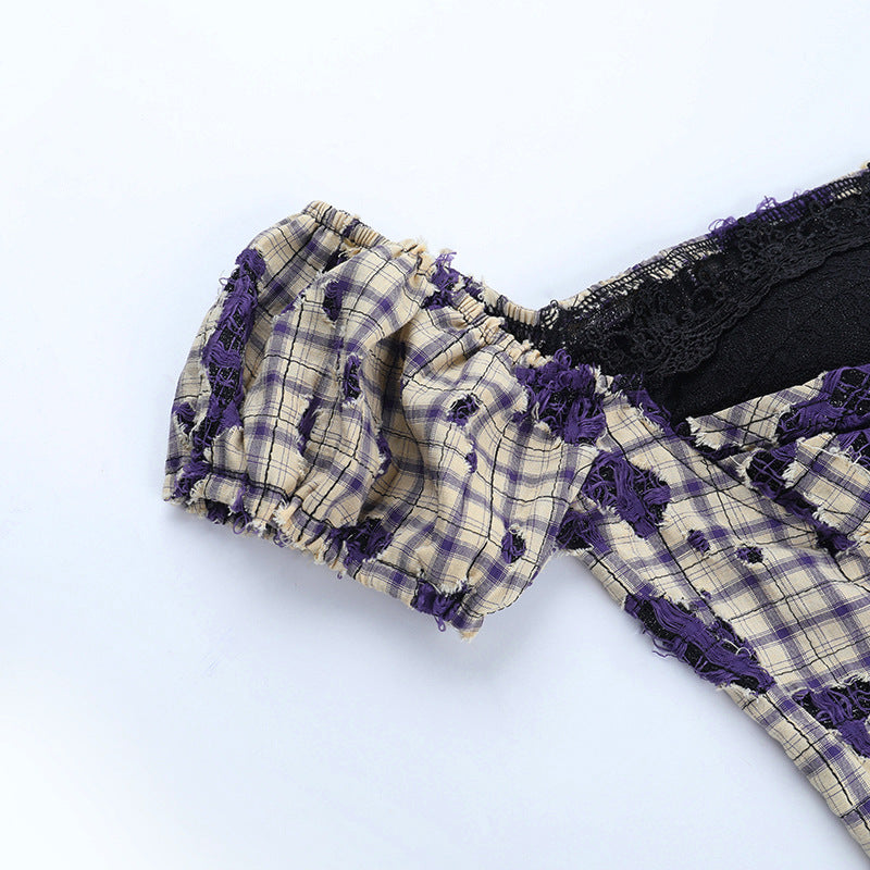 Gothic Grunge Plaid Off-Shoulder Corset Top with Lace & Distressed Details - Fall & Halloween Ready