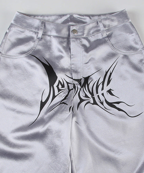 Y2K Cybercore Low-Rise Metallic Flare Pants - Edgy Graphic Print & Ruched Detail | Fall Party & Halloween Ready