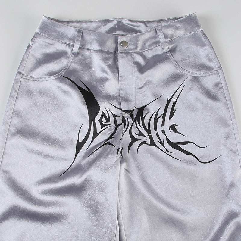 Y2K Cybercore Low-Rise Metallic Flare Pants - Edgy Graphic Print & Ruched Detail | Fall Party & Halloween Ready