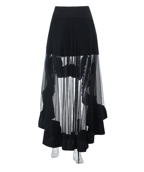 Spooky Chic: O-Ring Mesh Irregular Skirt - Gothic Punk Halloween Statement
