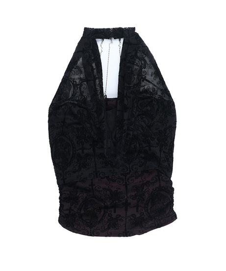 Vampy Chic Gothic Velvet Burnout Halter Top with Chains | Dark Romance Fall & Halloween Ready