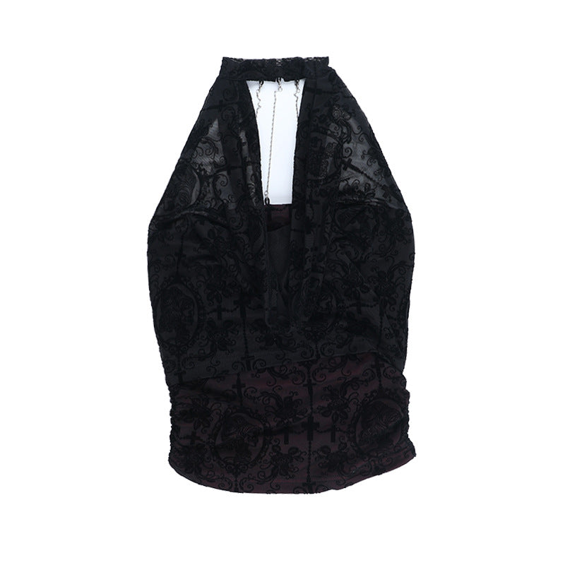 Vampy Chic Gothic Velvet Burnout Halter Top with Chains | Dark Romance Fall & Halloween Ready