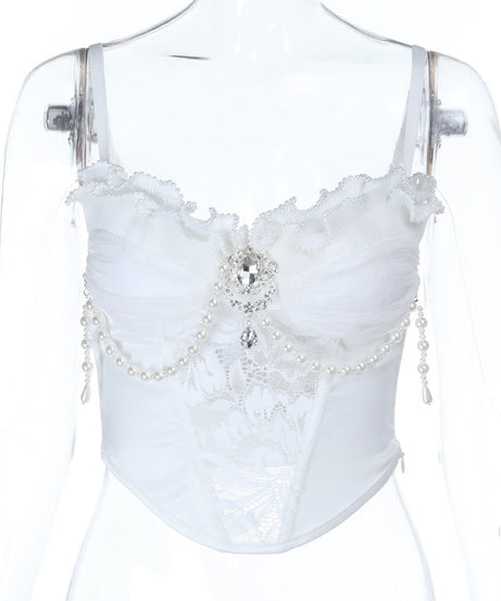 Enchanted Pearl Lace Bustier Top - Gothic Romance Ruffle Cami for Fall & Holiday Parties