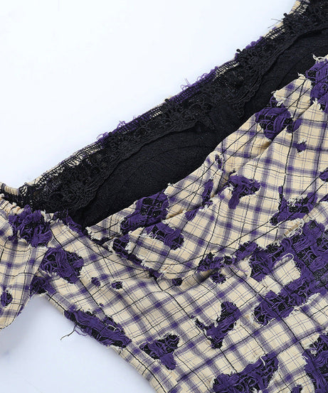 Gothic Grunge Plaid Off-Shoulder Corset Top with Lace & Distressed Details - Fall & Halloween Ready