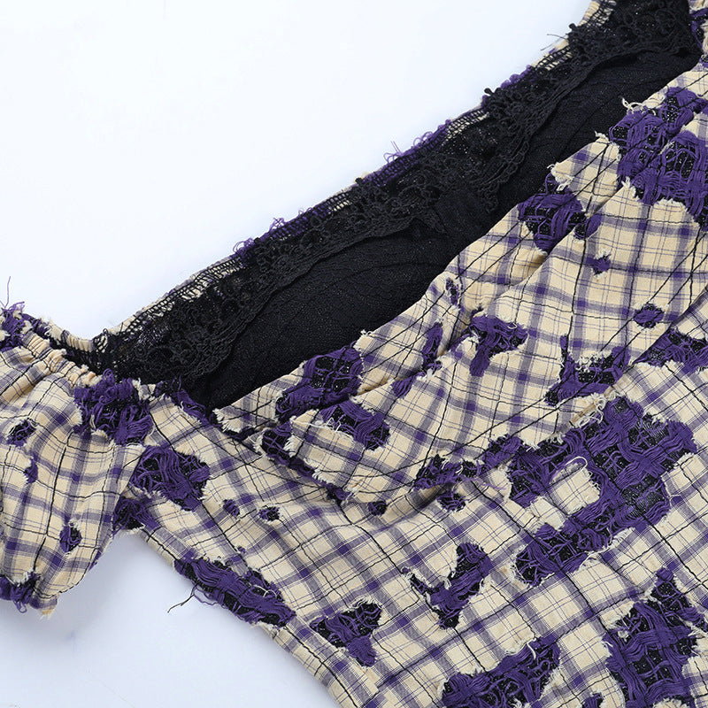 Gothic Grunge Plaid Off-Shoulder Corset Top with Lace & Distressed Details - Fall & Halloween Ready