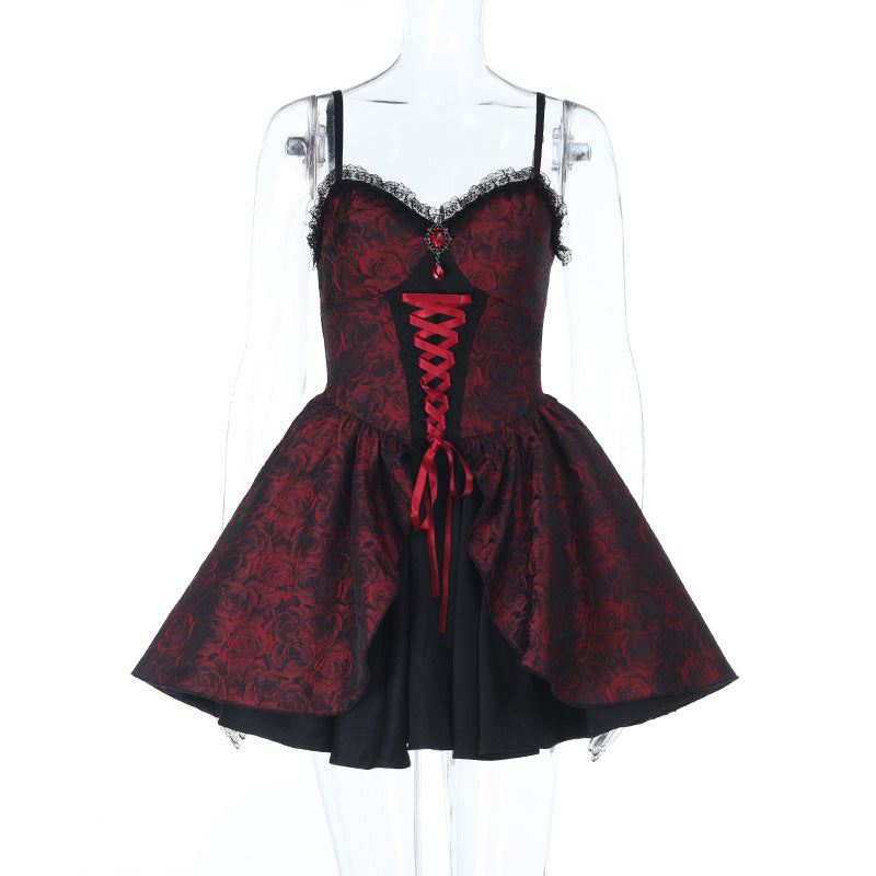 Gothic Rose Brocade Corset Mini Dress - Vampy Red & Black for Halloween & Fall Parties