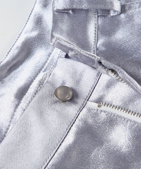 Y2K Cybercore Low-Rise Metallic Flare Pants - Edgy Graphic Print & Ruched Detail | Fall Party & Halloween Ready